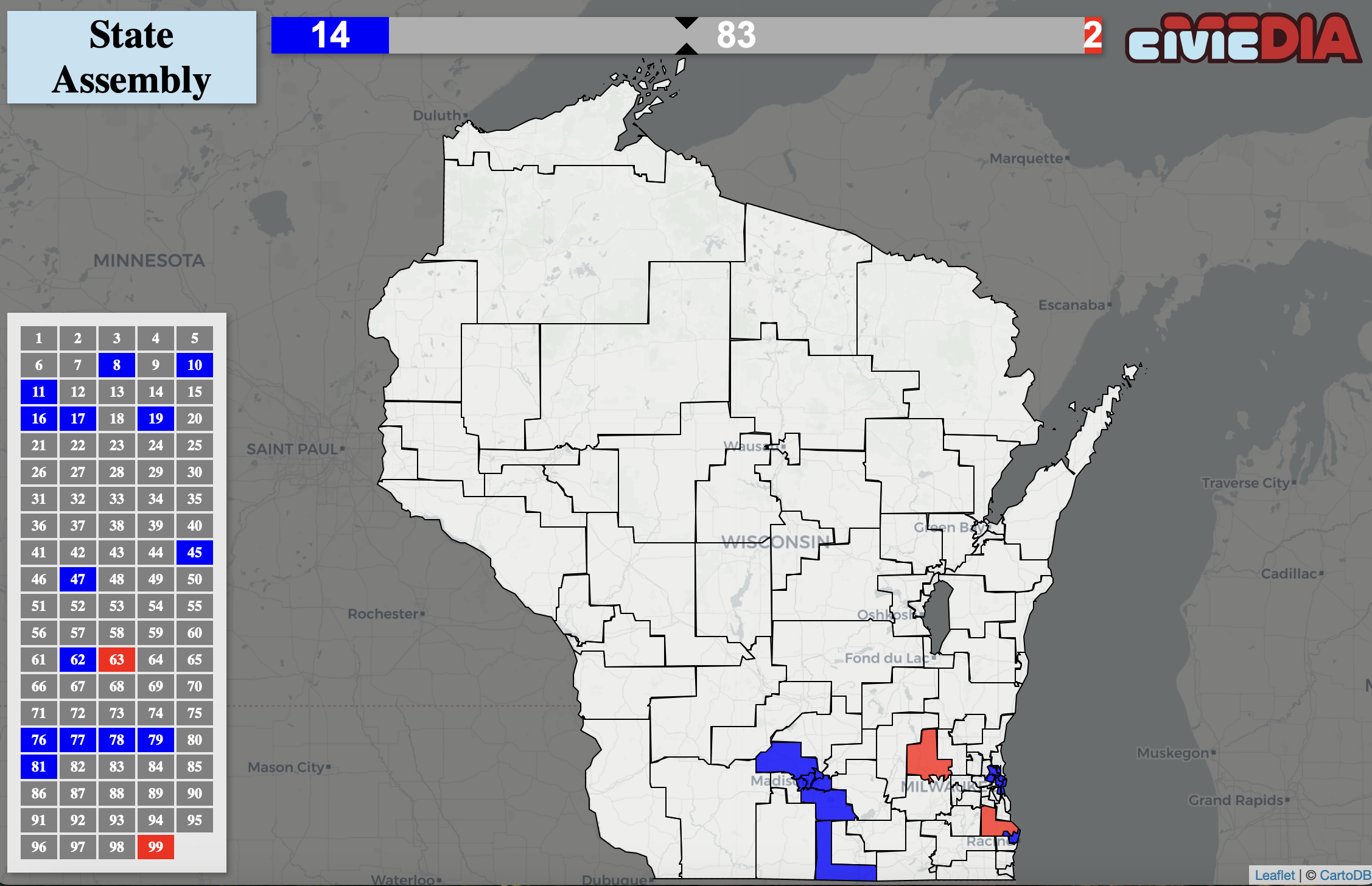 In the State Assembly, every seat is on the ballot. All 99 of them. There, 14 Democrats are running unopposed and two Republicans are running unopposed. So here is our baseline there.